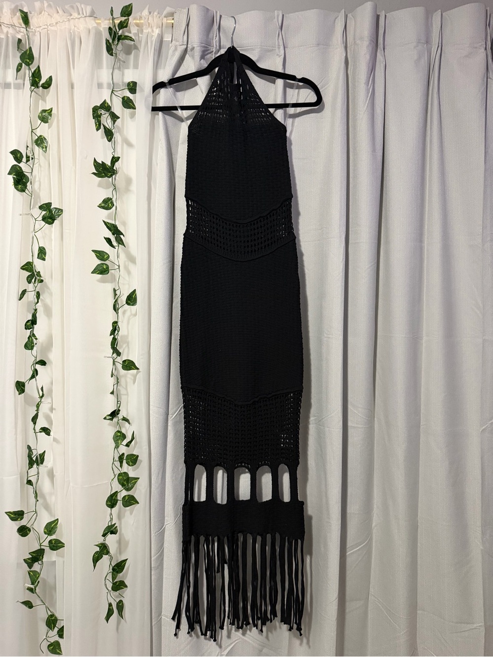 Atelier Zest Black Crochet Halter Maxi Dress with Fringe